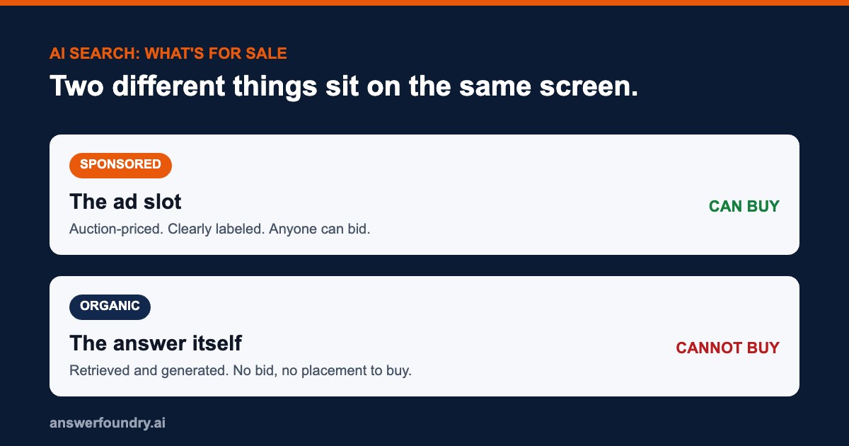 Diagram contrasting the sponsored ad slot in an AI answer, labeled purchasable, with the AI-generated answer itself, labeled not purchasable
