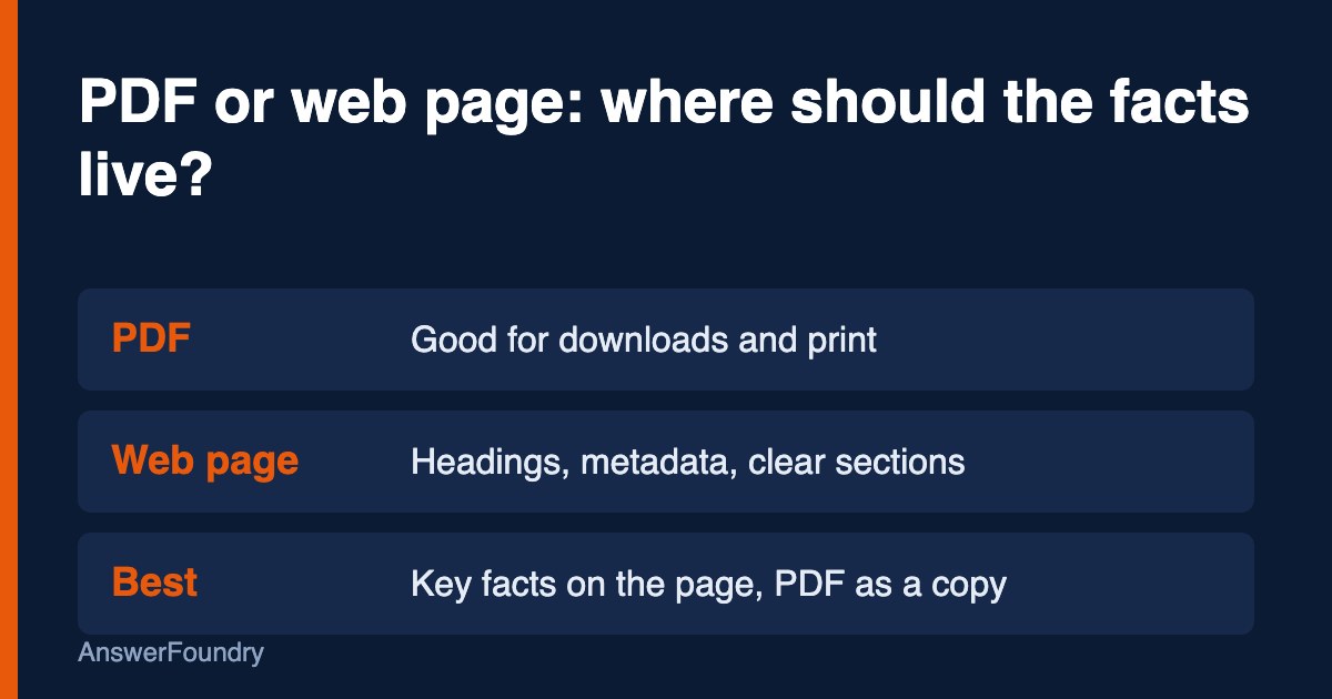 Illustration comparing a PDF document with no visible headings next to a web page with a title, headings, and labeled sections