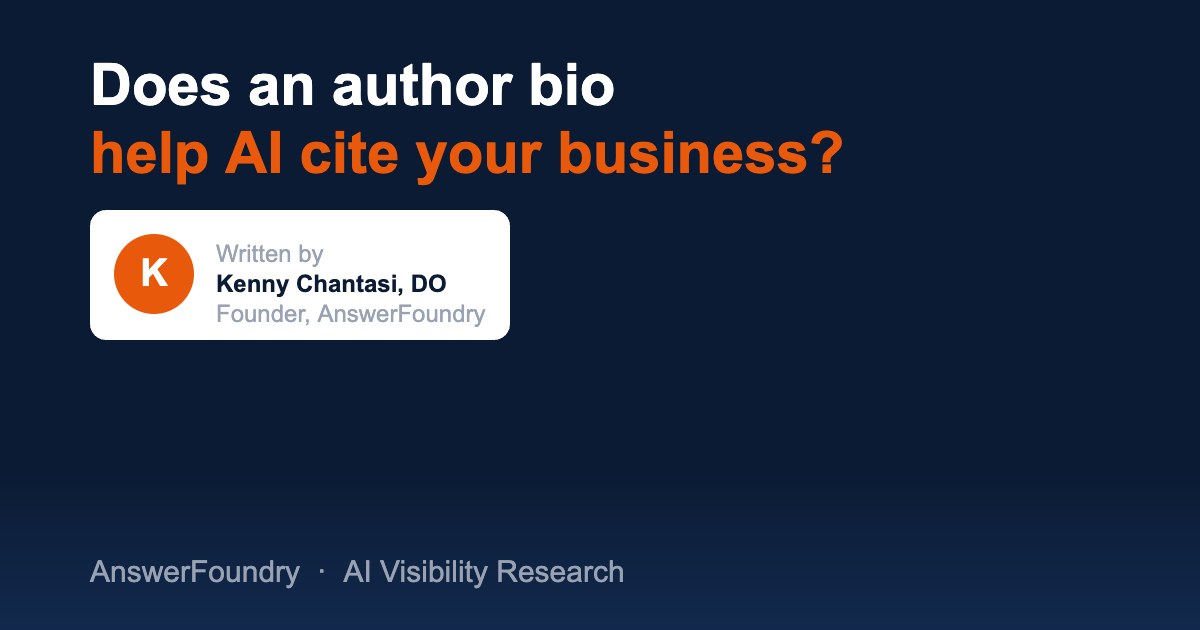 Illustration of a byline card showing an author's name and credentials next to a headline reading 'Does an author bio help AI cite your business?'
