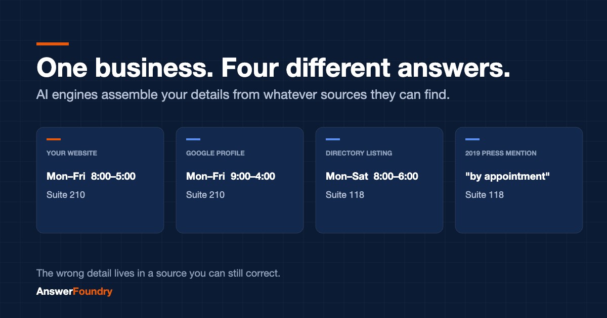Diagram showing four sources for one business - website, Google Business Profile, directory listing and an old press mention - each listing different hours and a different suite number.