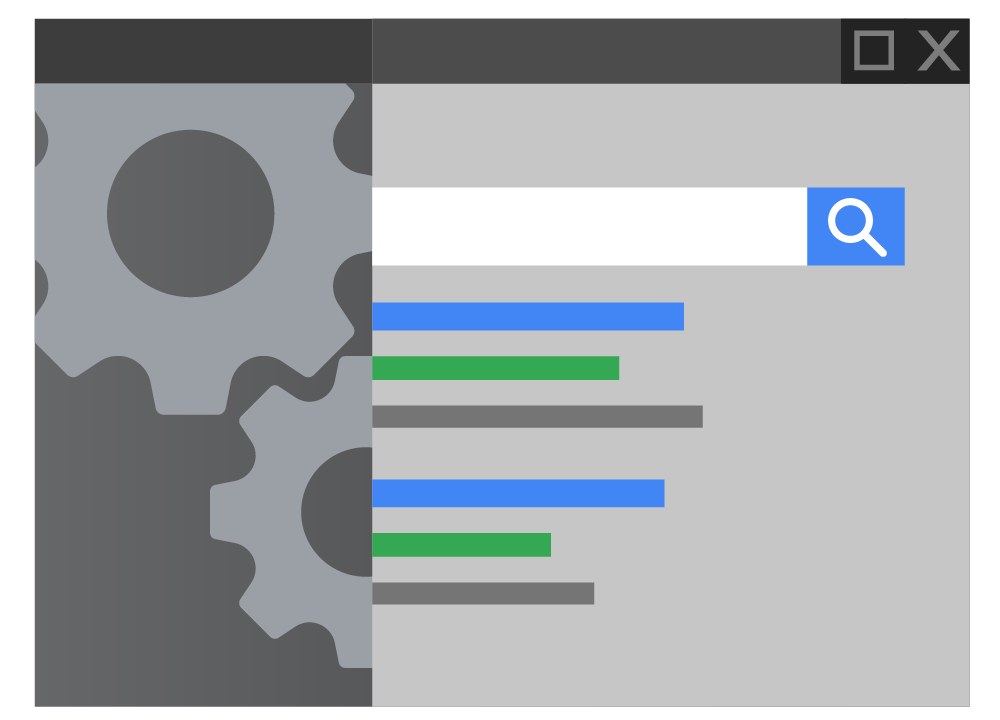 Illustration of a web browser search engine results page with a settings gear icon